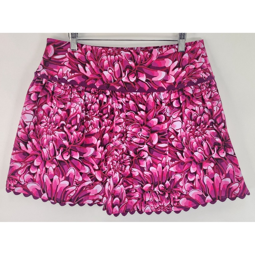 Kika Vargas Mini Skirt Women's 10 Pink Floral Scalloped Hem Stretch Faux Wrap